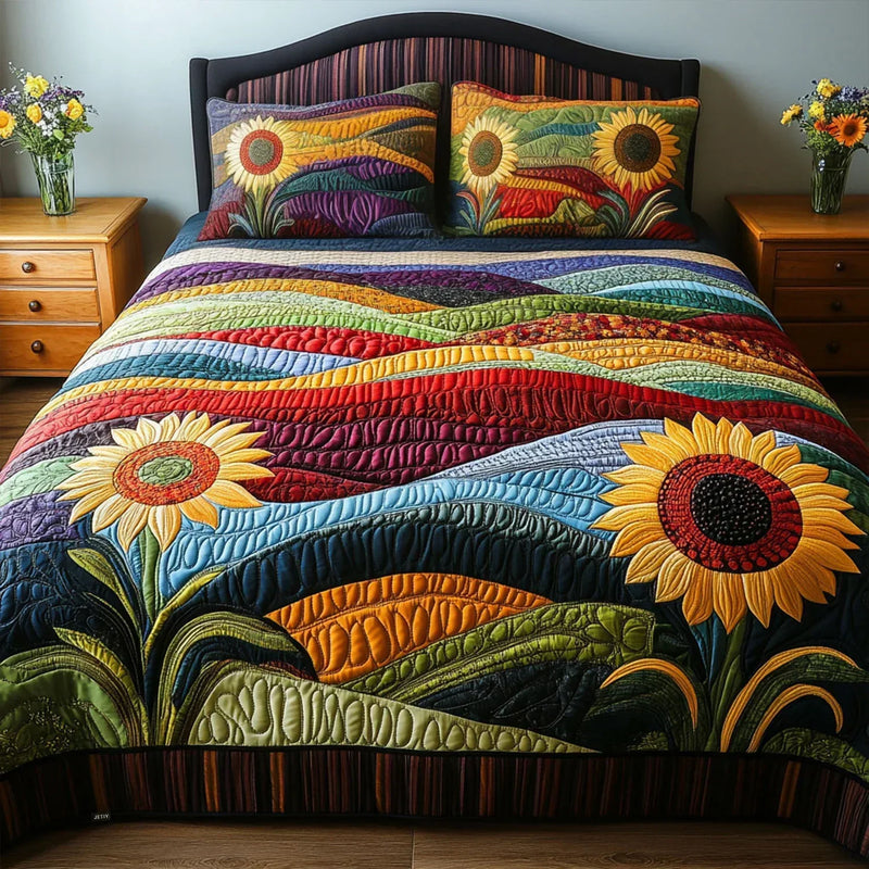 Ensemble de lit matelassé de 3 pièces - Champ de Tournesols