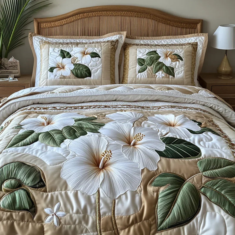 Jeu de lit matelassé de 3 pièces - Hibiscus Blanc