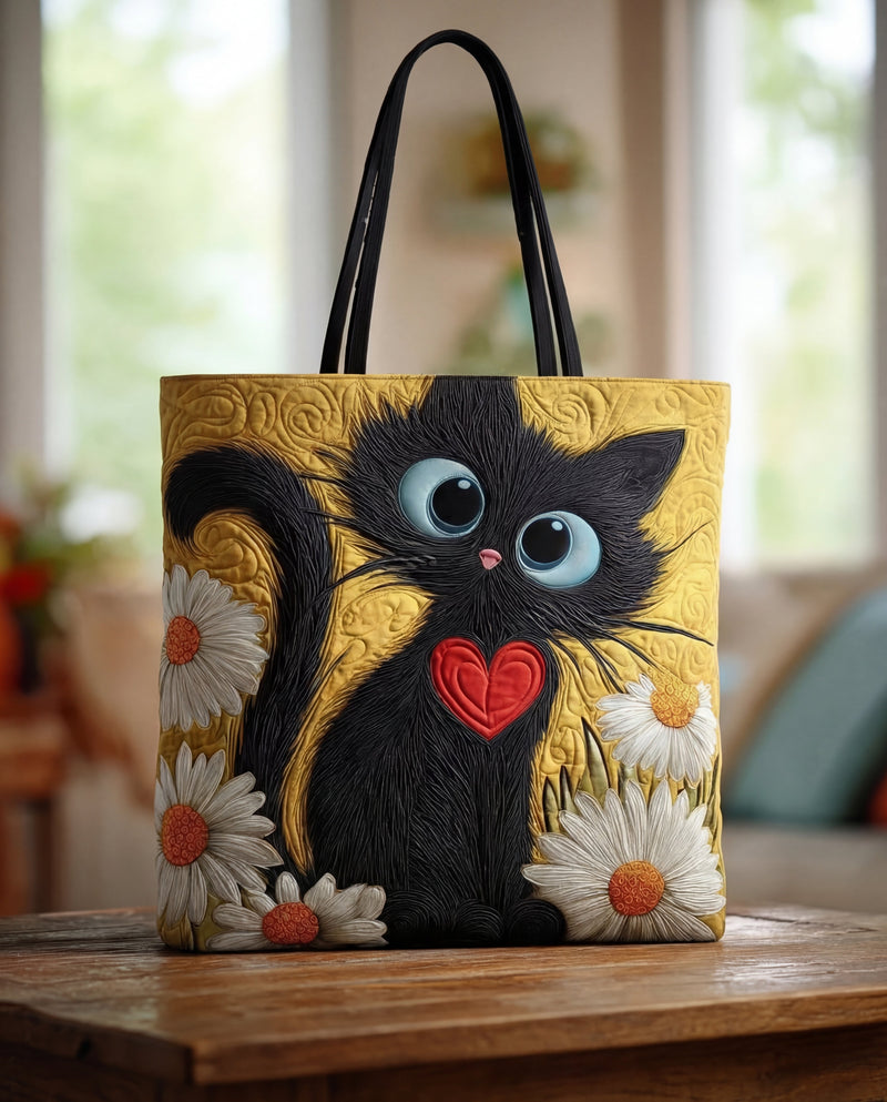 Sac Artisanal “Chat Noir avec Cœur et Marguerites”